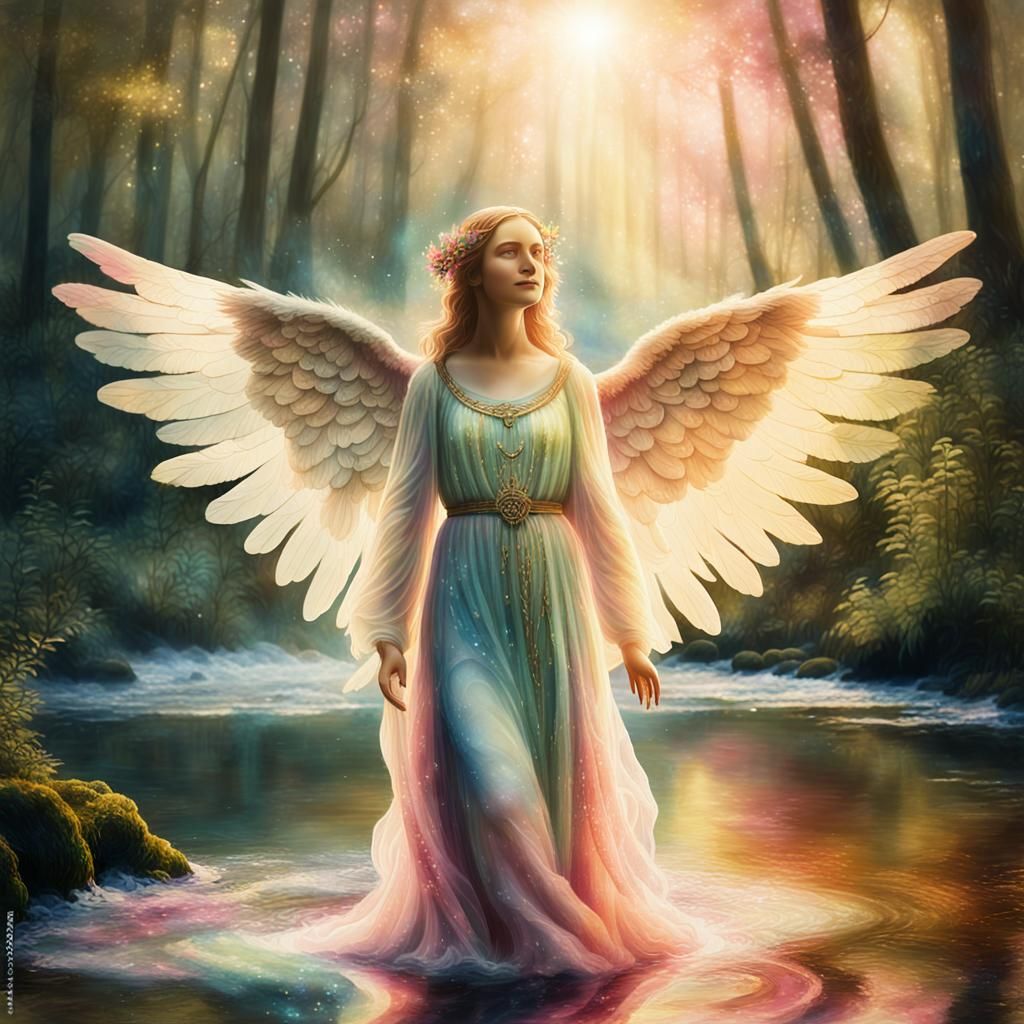 Angel by Forest Stream in Ethereal Astral Style