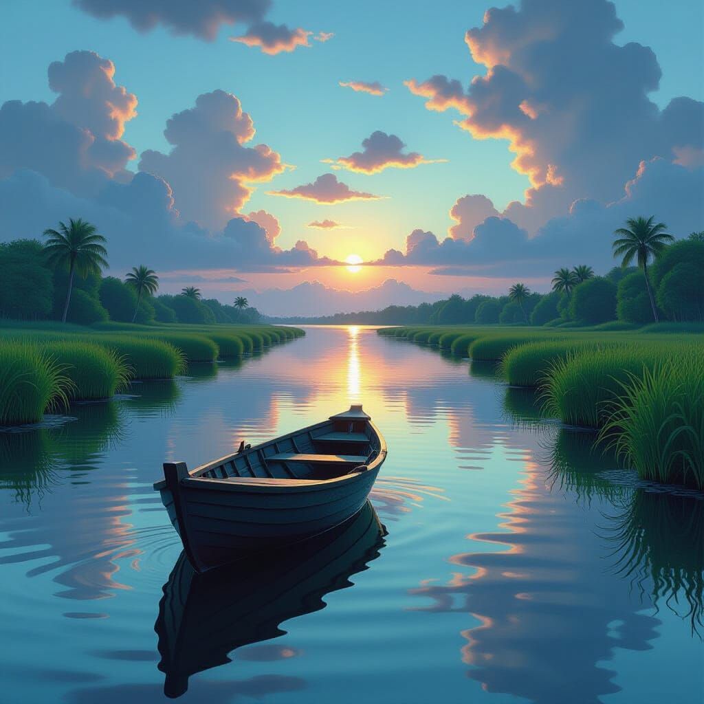 Serene River Journey: Wooden Boat in Fantasy Matte Painting