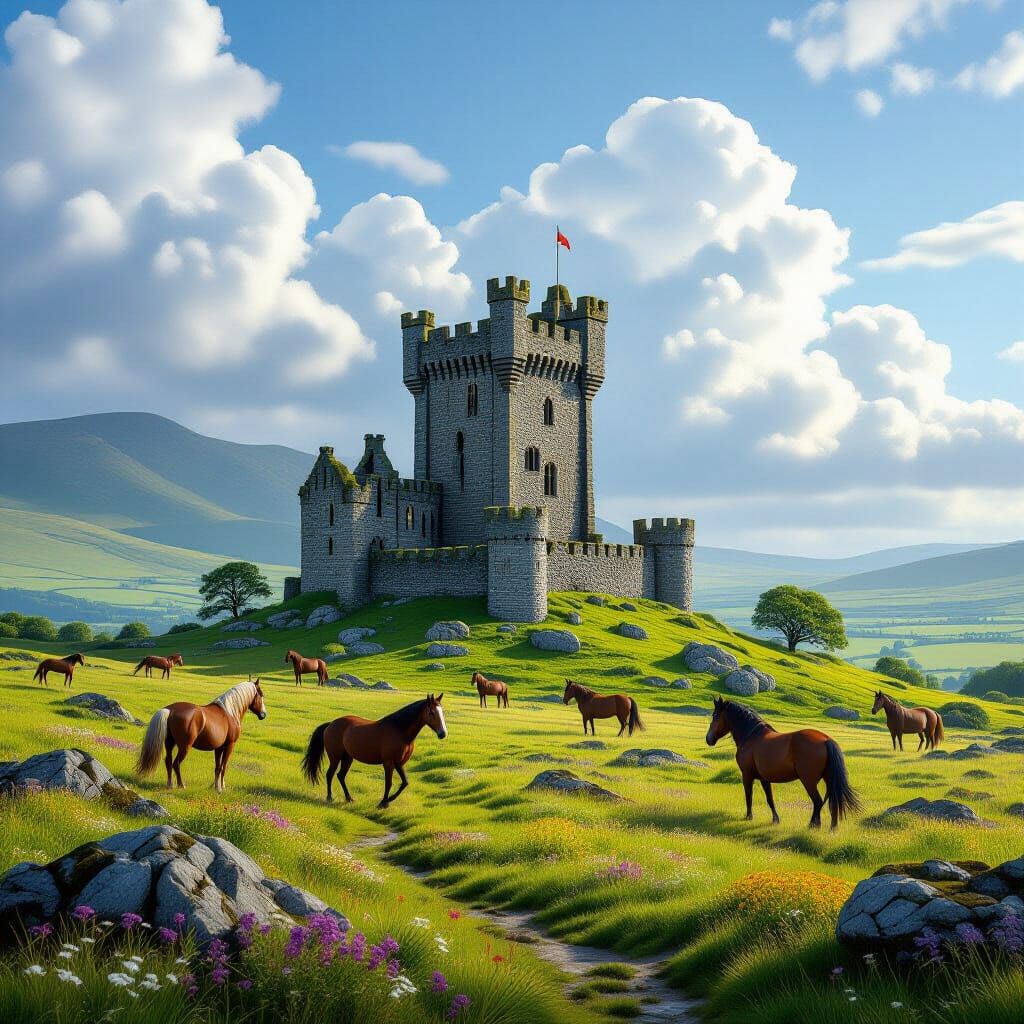 Irish Medieval Castle in Spring Landscape