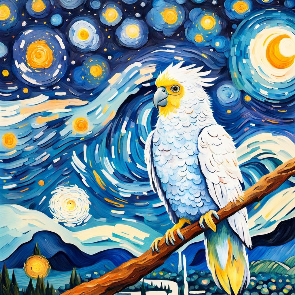 Starry Cockatoo in Impressionist Gouache Style