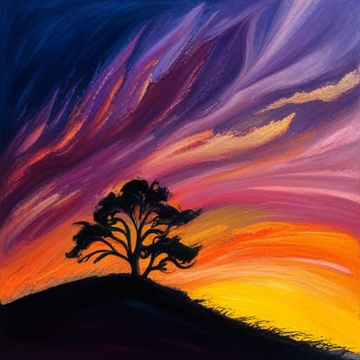 Lone Pine Silhouette Under Mauve Sky in Impressionism Style