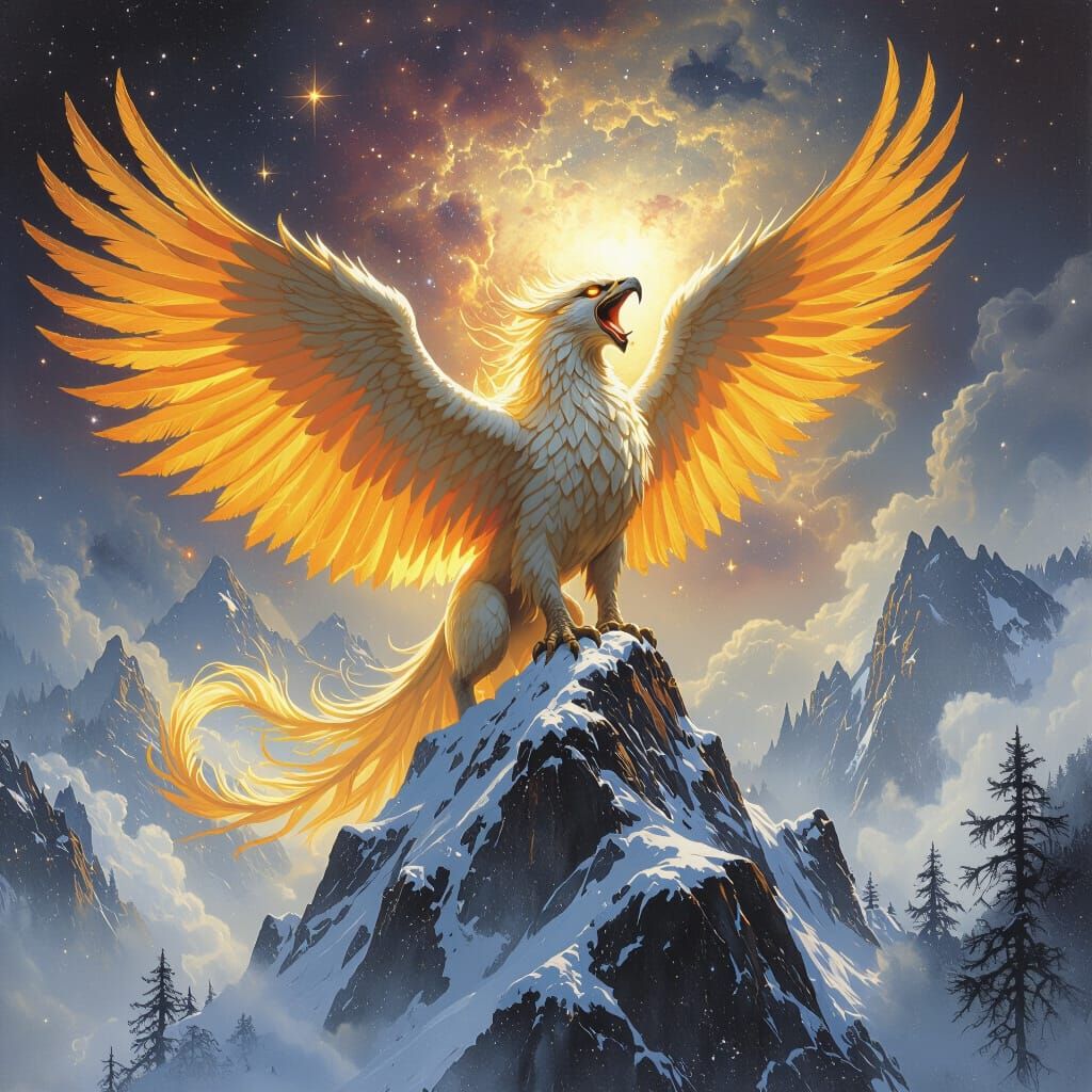 Golden Griffin Shrieking on Mountain Peak