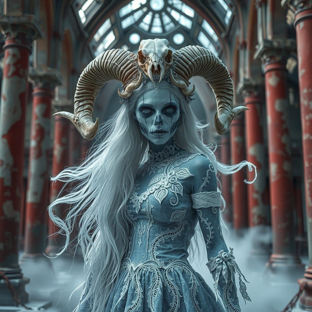 Undead Queen in Ruined Cathedral, Gothic Fantasy Style