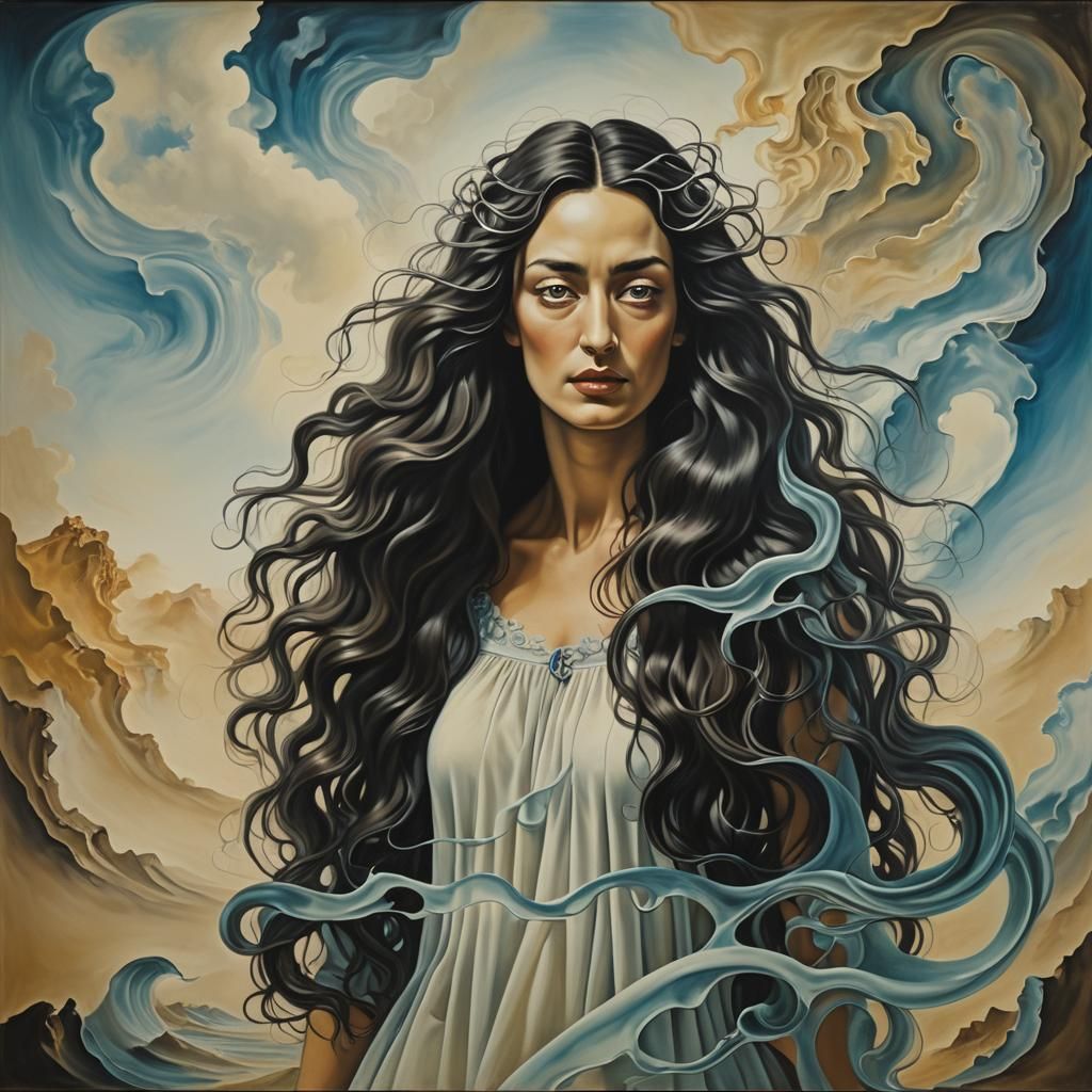 Mystical Woman with Wavy Hair in Surreal Style