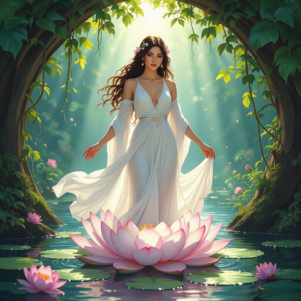 Goddess Emerges from Lotus in Art Nouveau Style