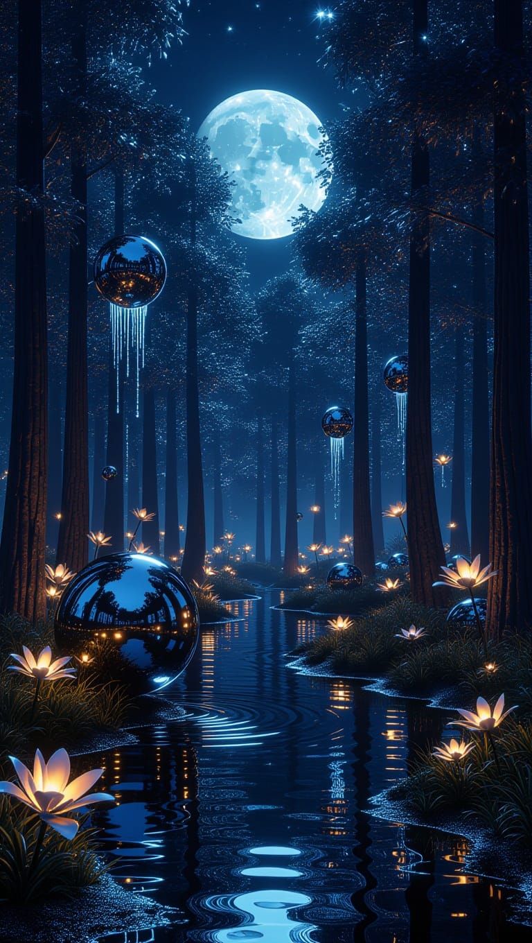 Glowing Metallic Flora in Moonlit Forest
