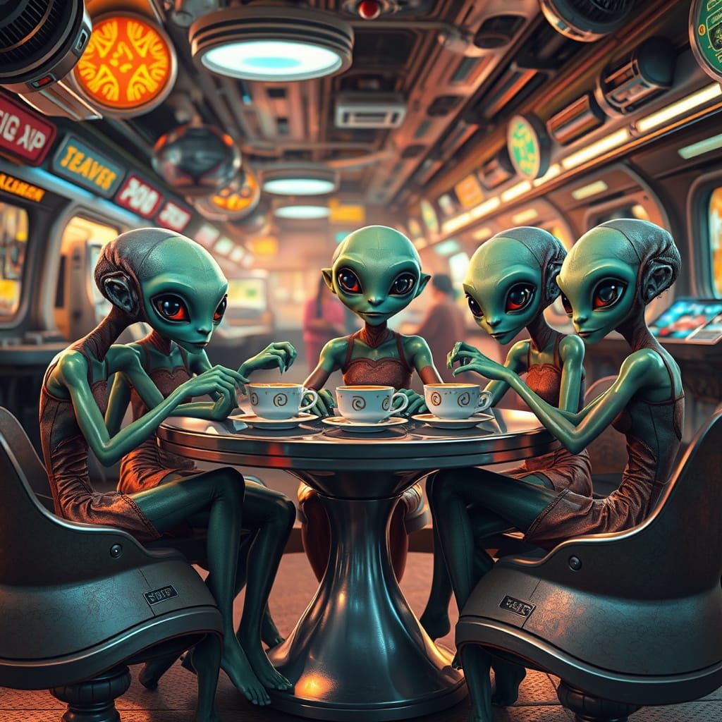 Aliens Gather for Intergalactic Coffee in Retro-Futuristic S...
