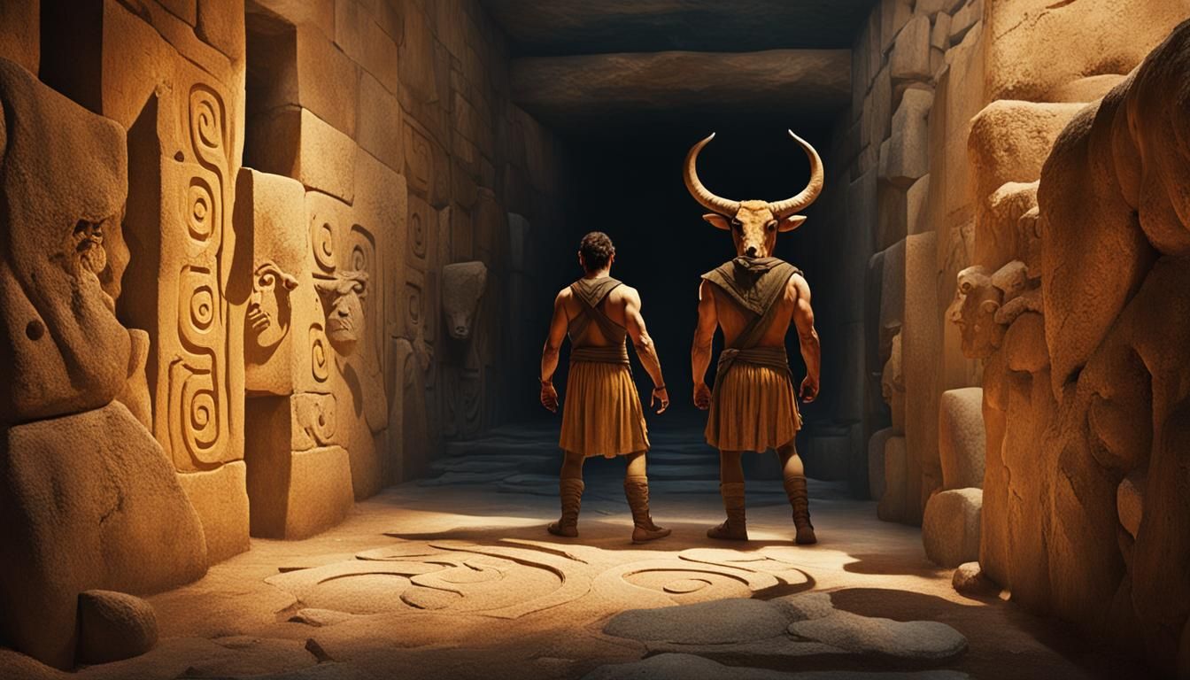 Menacing Minotaur in Labyrinth, Golden Oil Painting