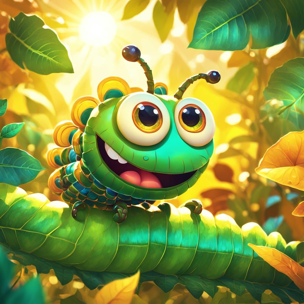 Excited Caterpillar on a Leaf in Cartoon Style