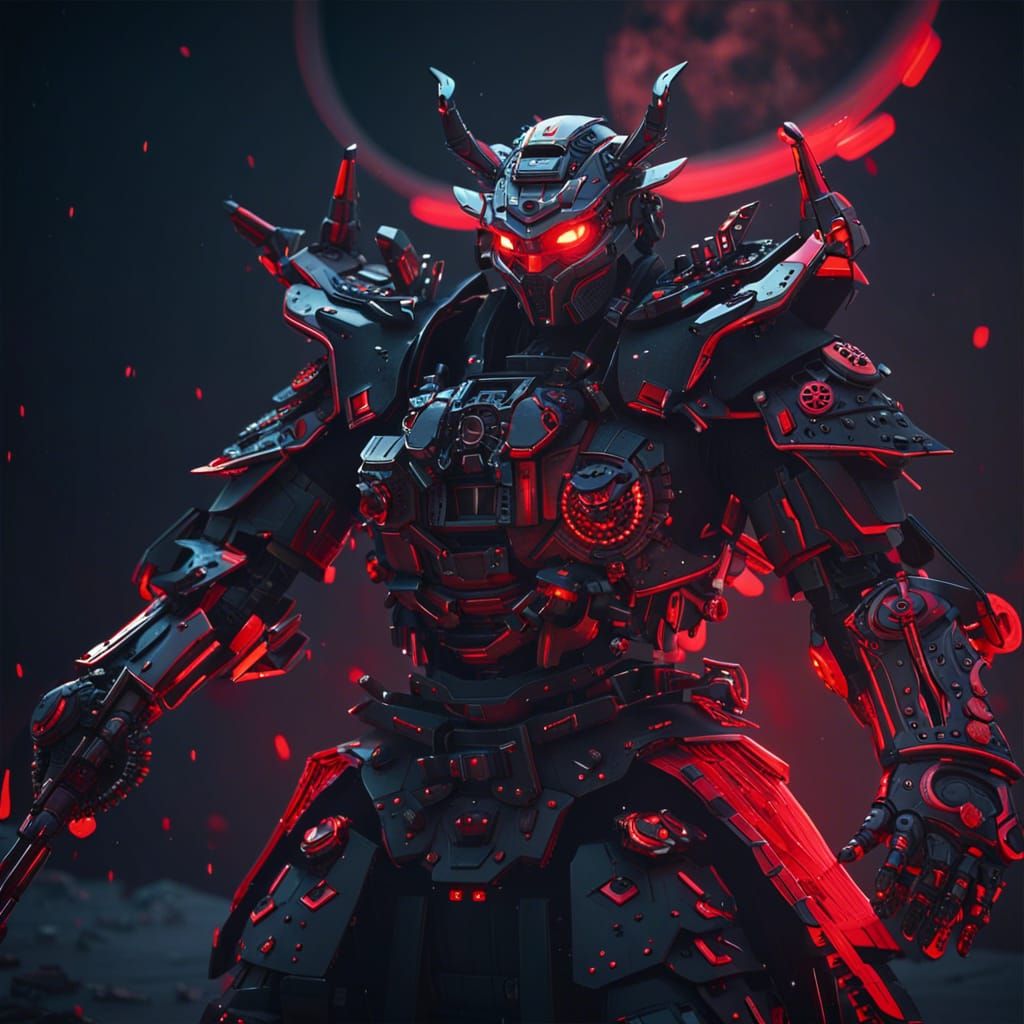 Samurai in Sci-Fi Style Under Red Moon