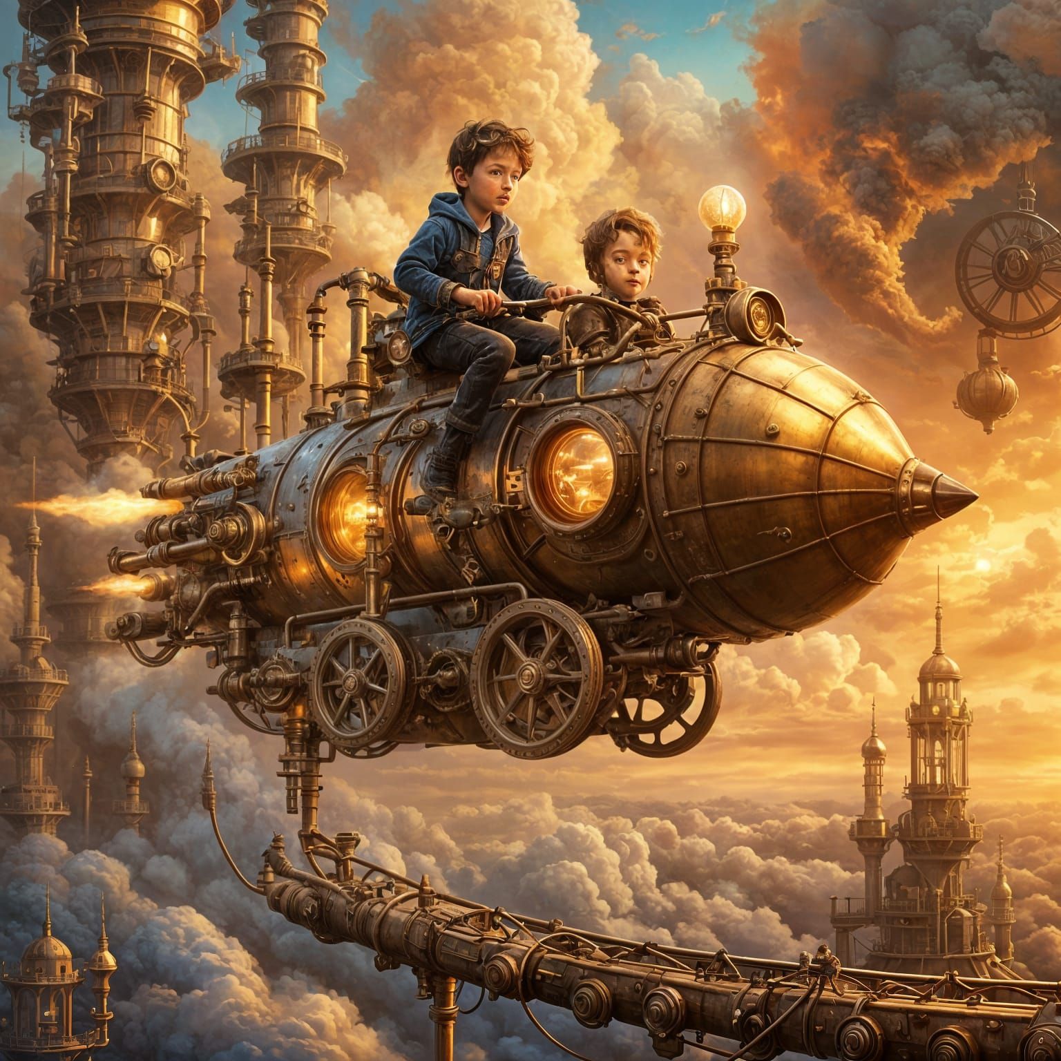 Child Rides Steampunk Rocket in Ethereal Fantasy