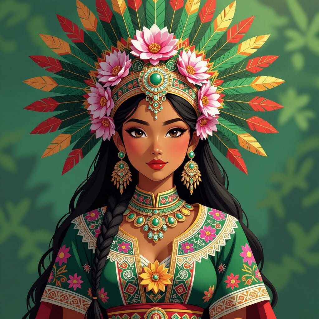 Aztec Warrior Princess with Flowers in Anime Style