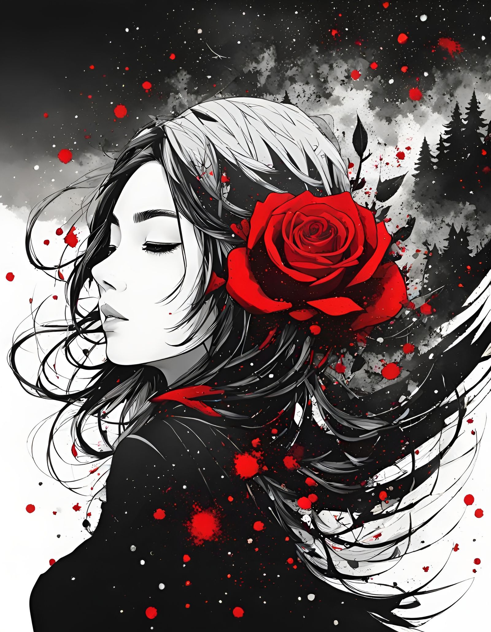 Goddess in Ink Splatter Rose Forest