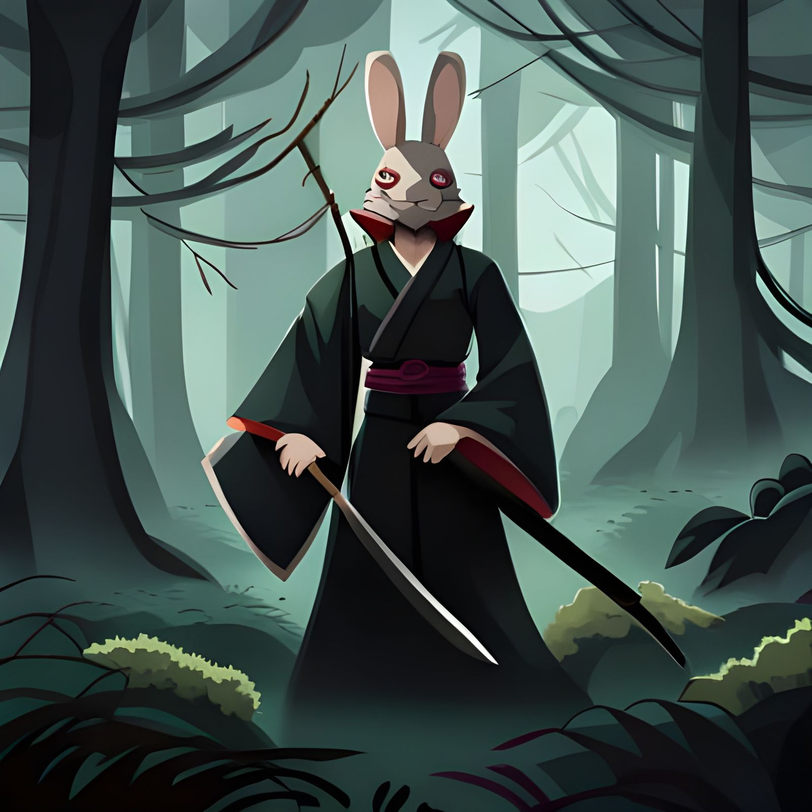 Rabbit Samurai with Katana in Miyazaki Style