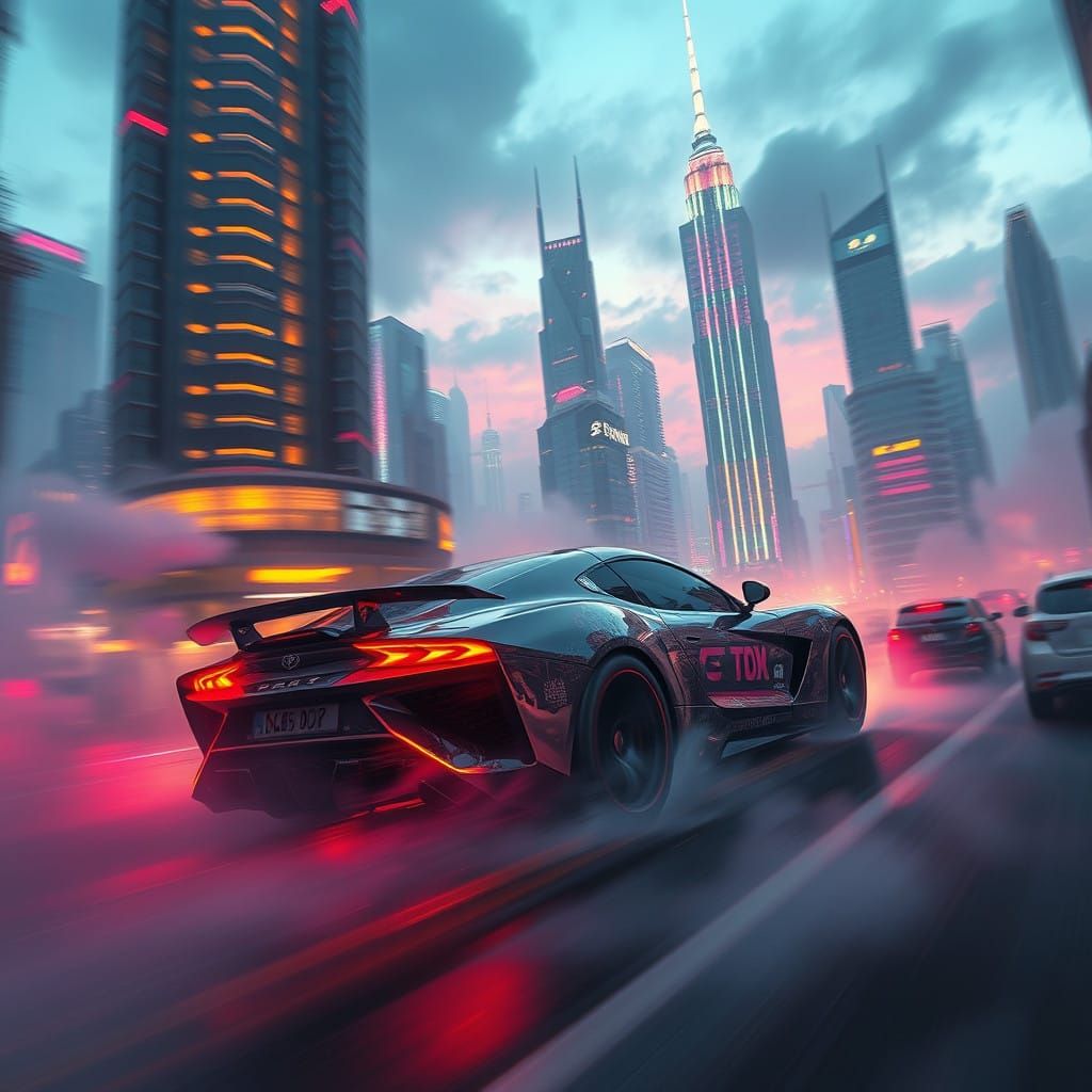 Cyberpunk Car Speeds Through Dystopian Cityscape at Dusk