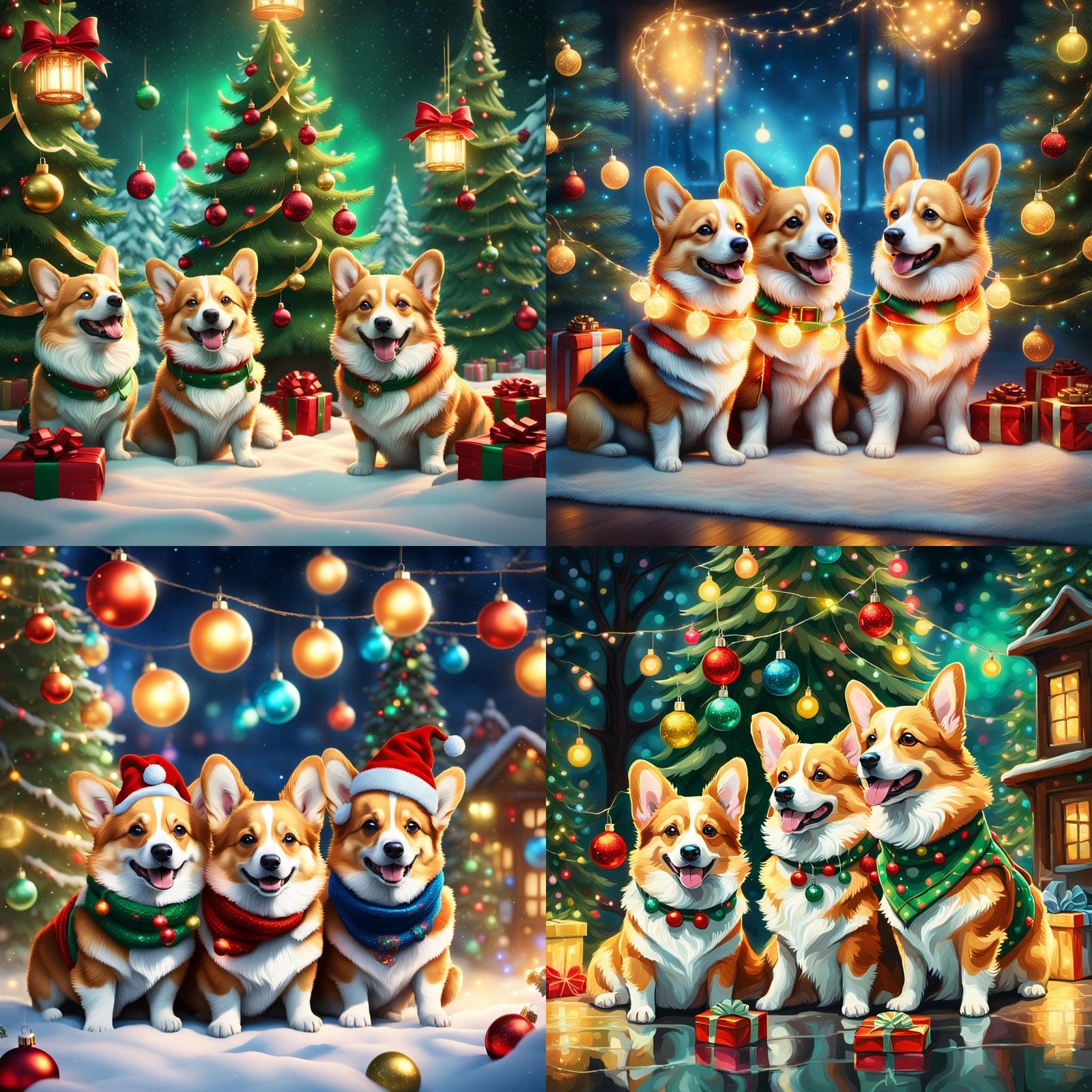 Four Corgi Dogs Share Christmas Cheer in a Vibrant Fantasy L...