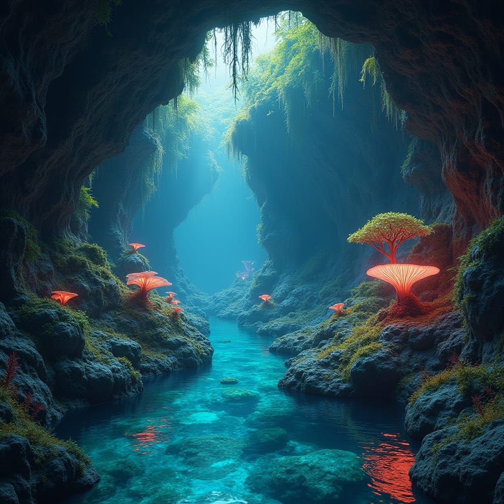 Underwater Grotto in Futuristic City, Bioluminescent Glow