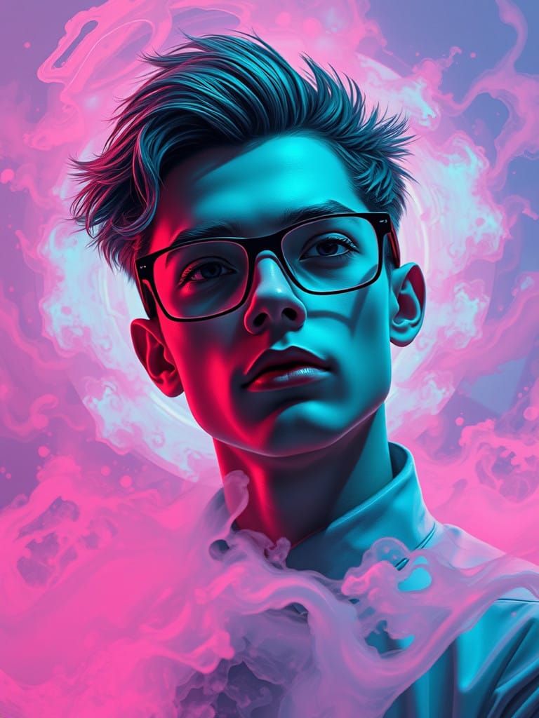 Introspective Figure in a Dreamlike, Vaporwave Landscape