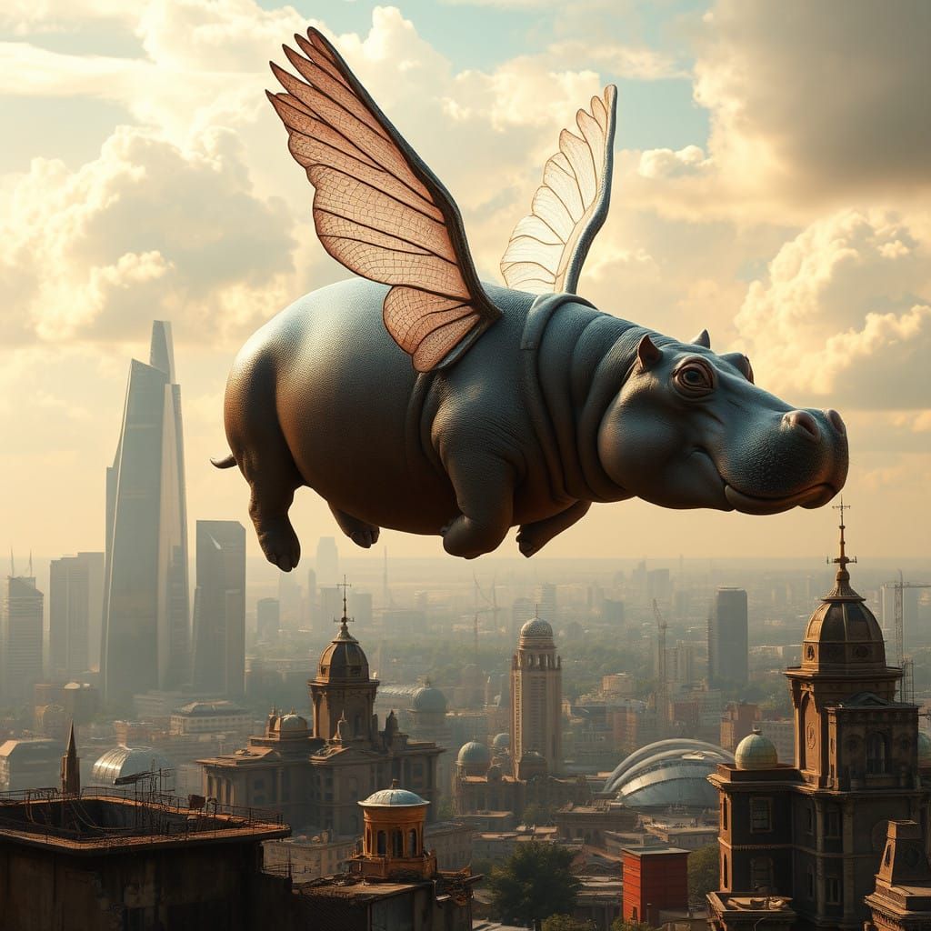 Cyberpunk Hippo Soars Through a Kaleidoscopic Cityscape