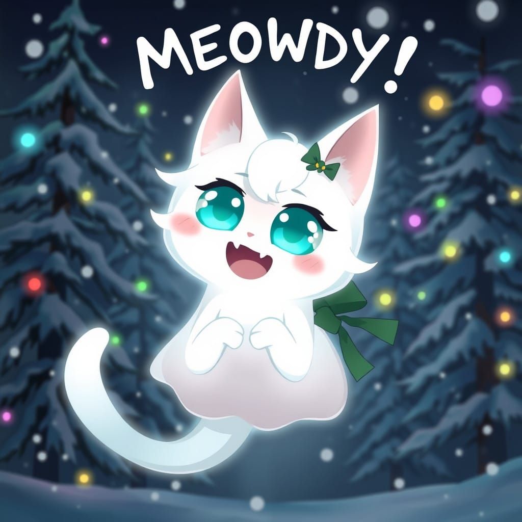 Spooky Kawaii Catgirl in Snowy Forest with Christmas Lights