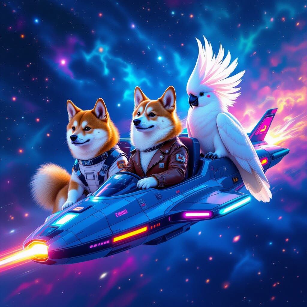 Dogs and Bird Pilot Spaceship Through Nebula