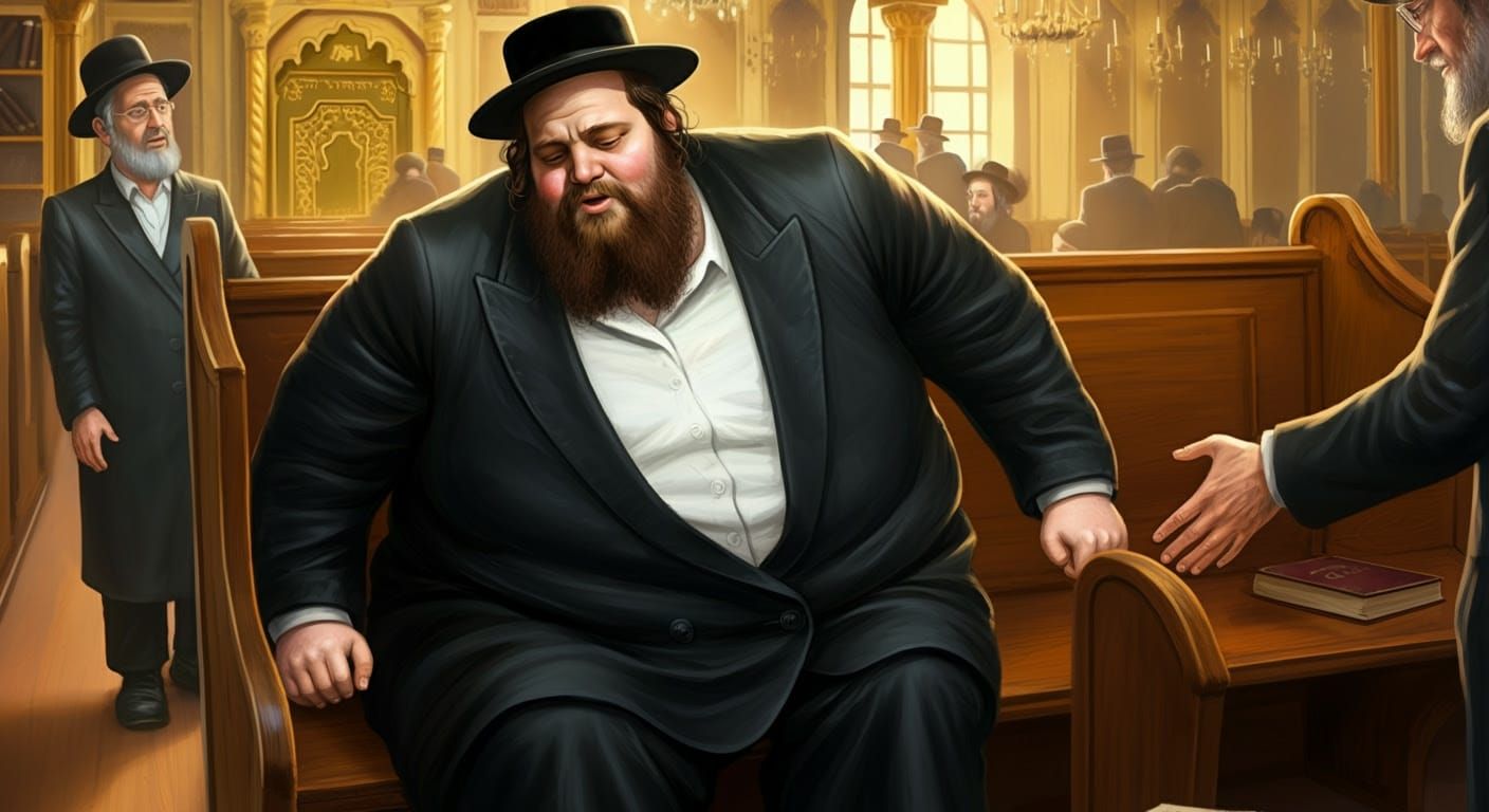 Comedic Digital Illustration of a Struggling Hasidic Man