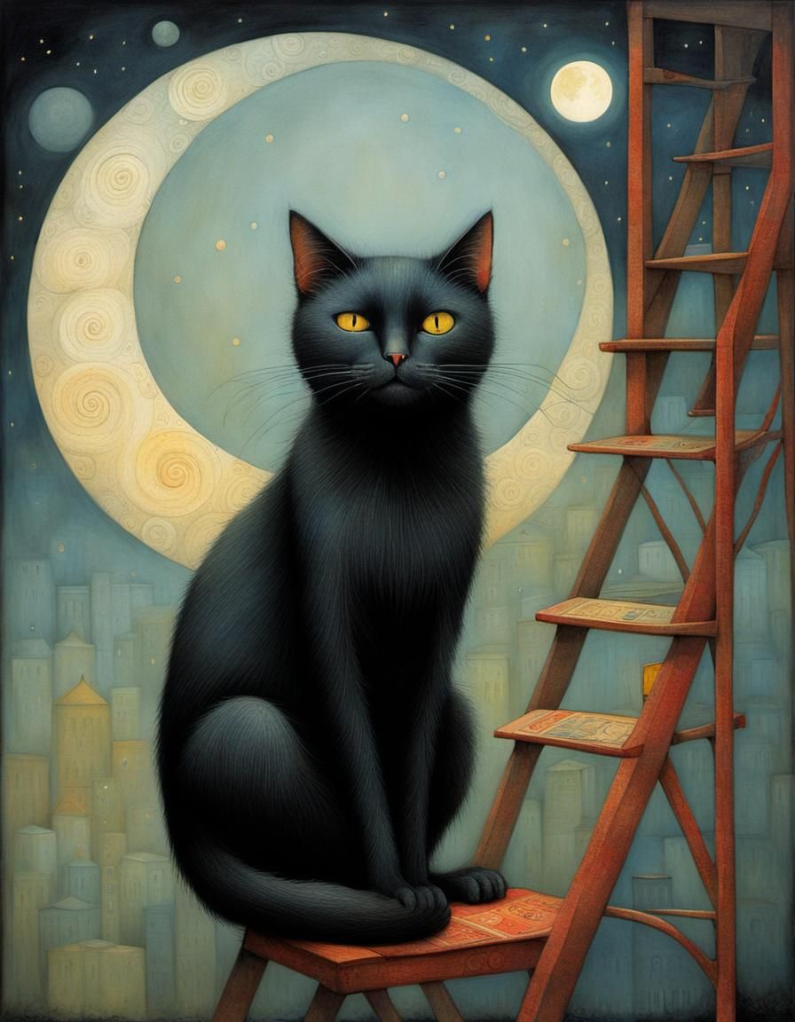 Whimsical Black Cat Under Ladder in Folk Art Style