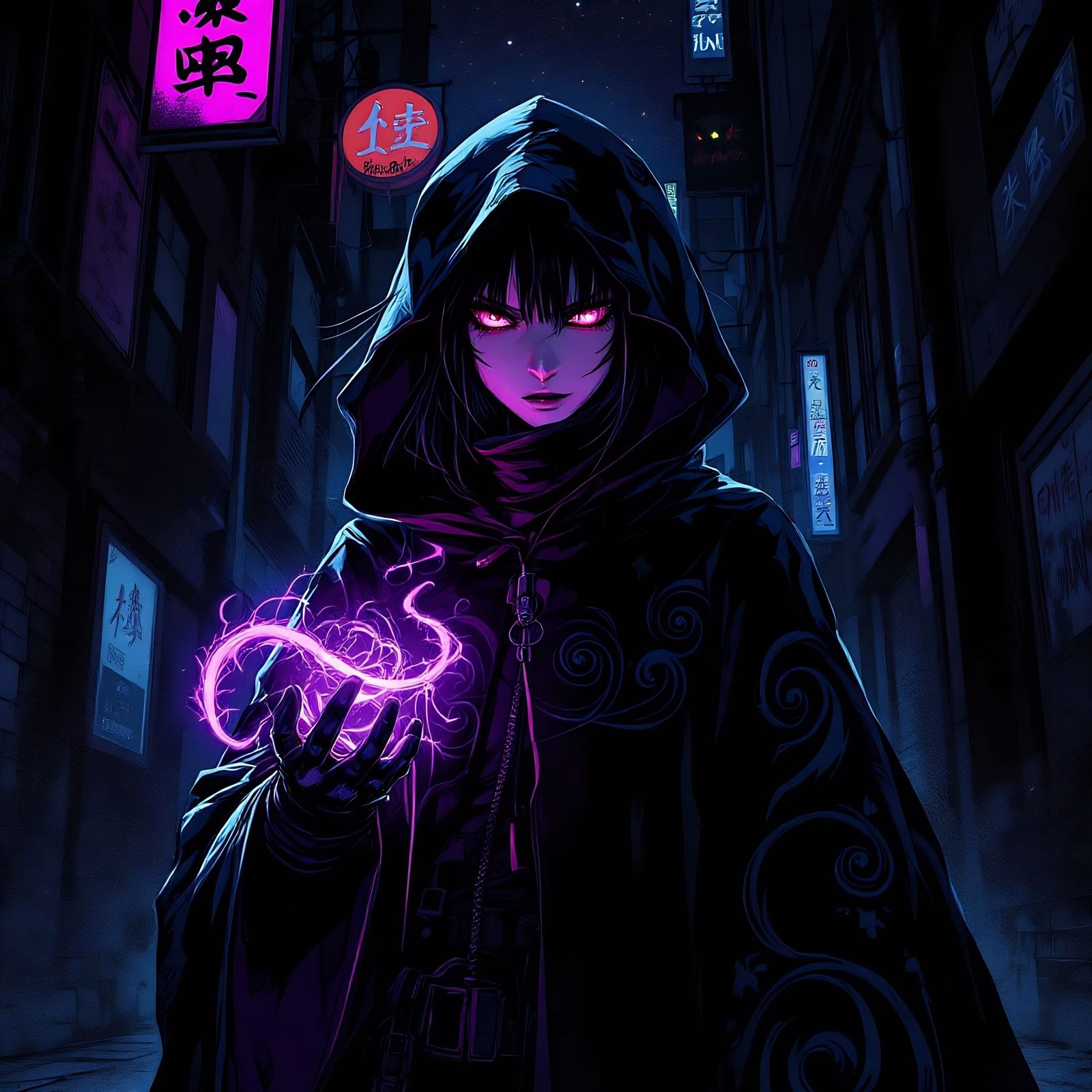 Shadow-Punk Witch in Noir Alley with Neon Highlights