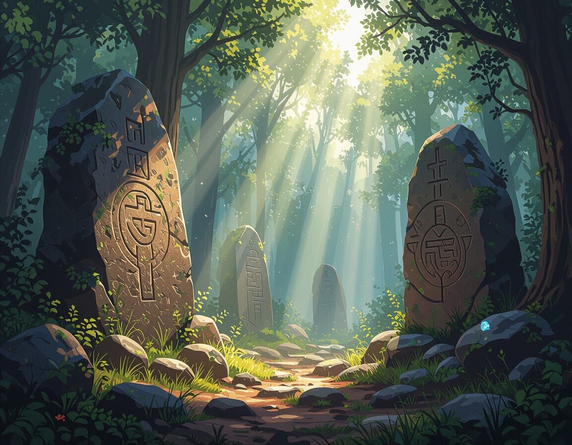 Mystical Forest with Light Beams: Fantasy Art