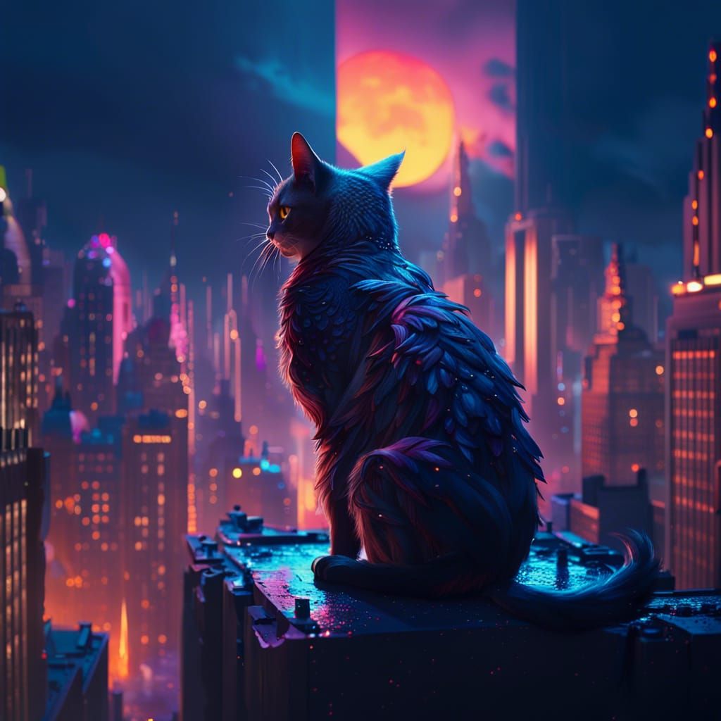 Night Cat on NYC Skyscraper in Fantasy Style