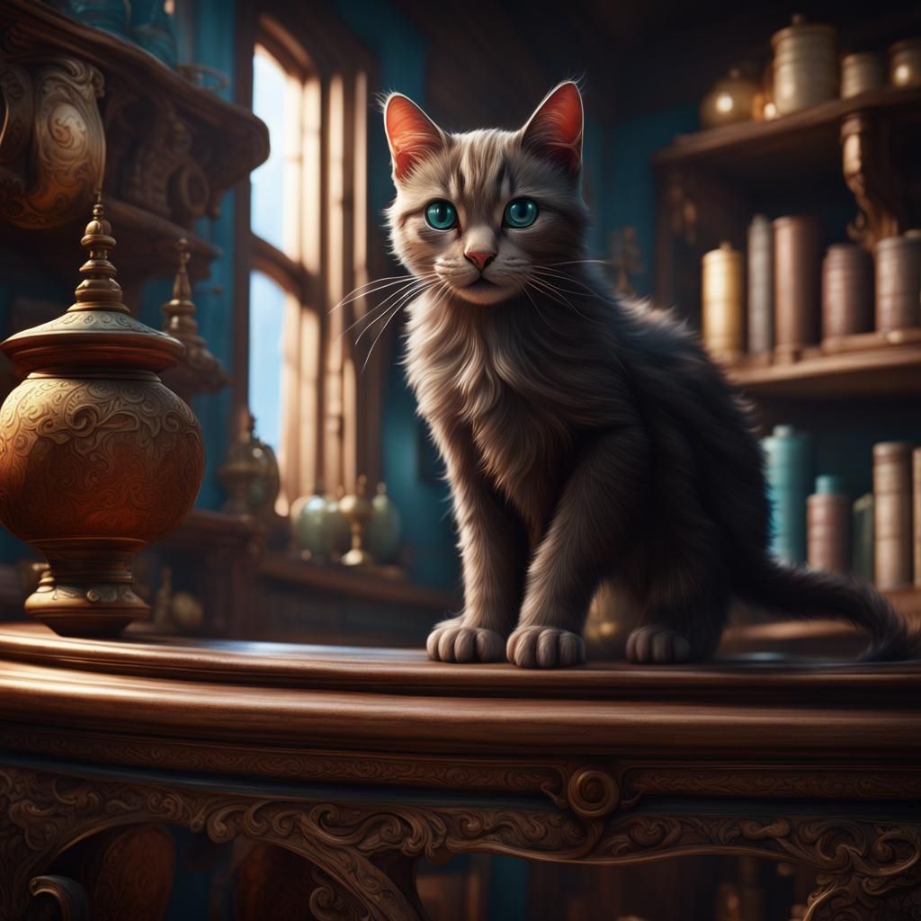 Kitty Cat on Shelf: Detailed Matte Painting