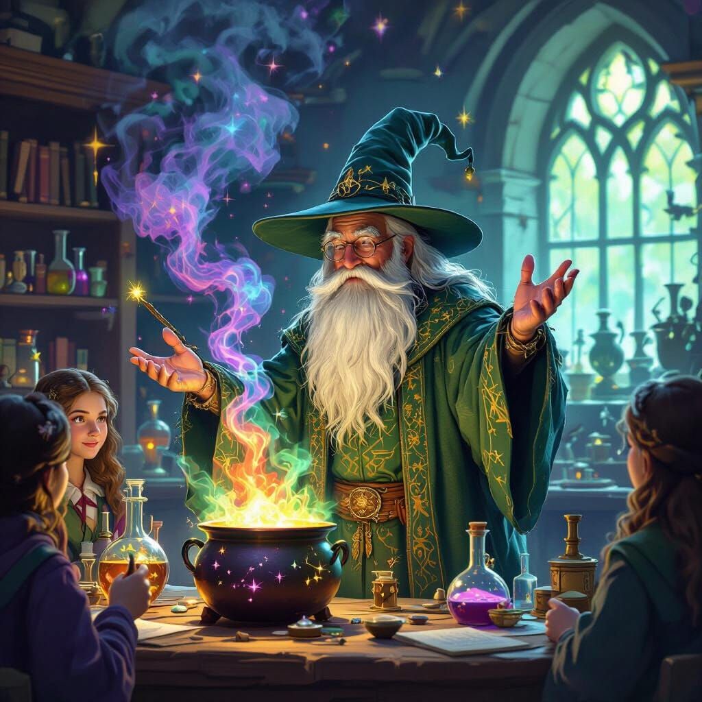 Wizard Science Teacher in Fantasy Concept Art Style