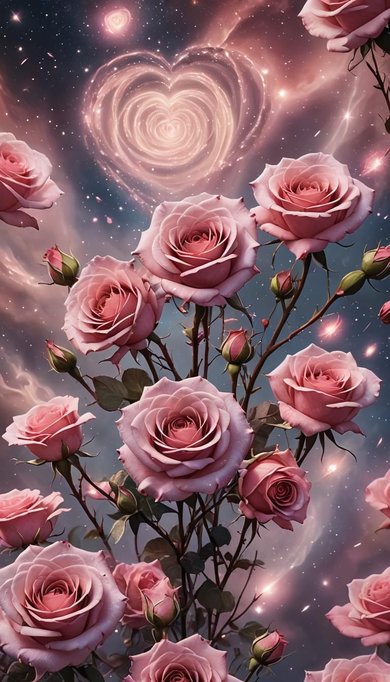 Cosmic Heart Roses in Astral Starry Sky