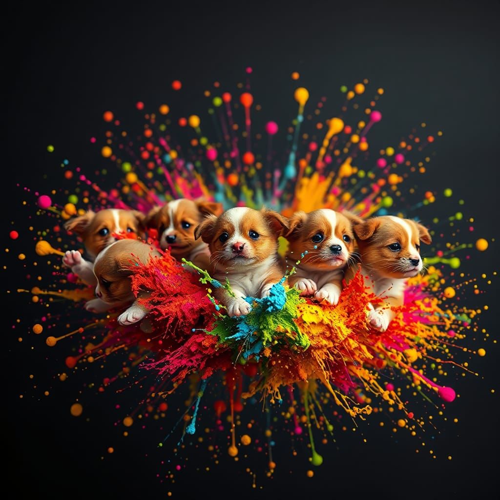 Puppies and Kittens Emerge from Paint Splatter
