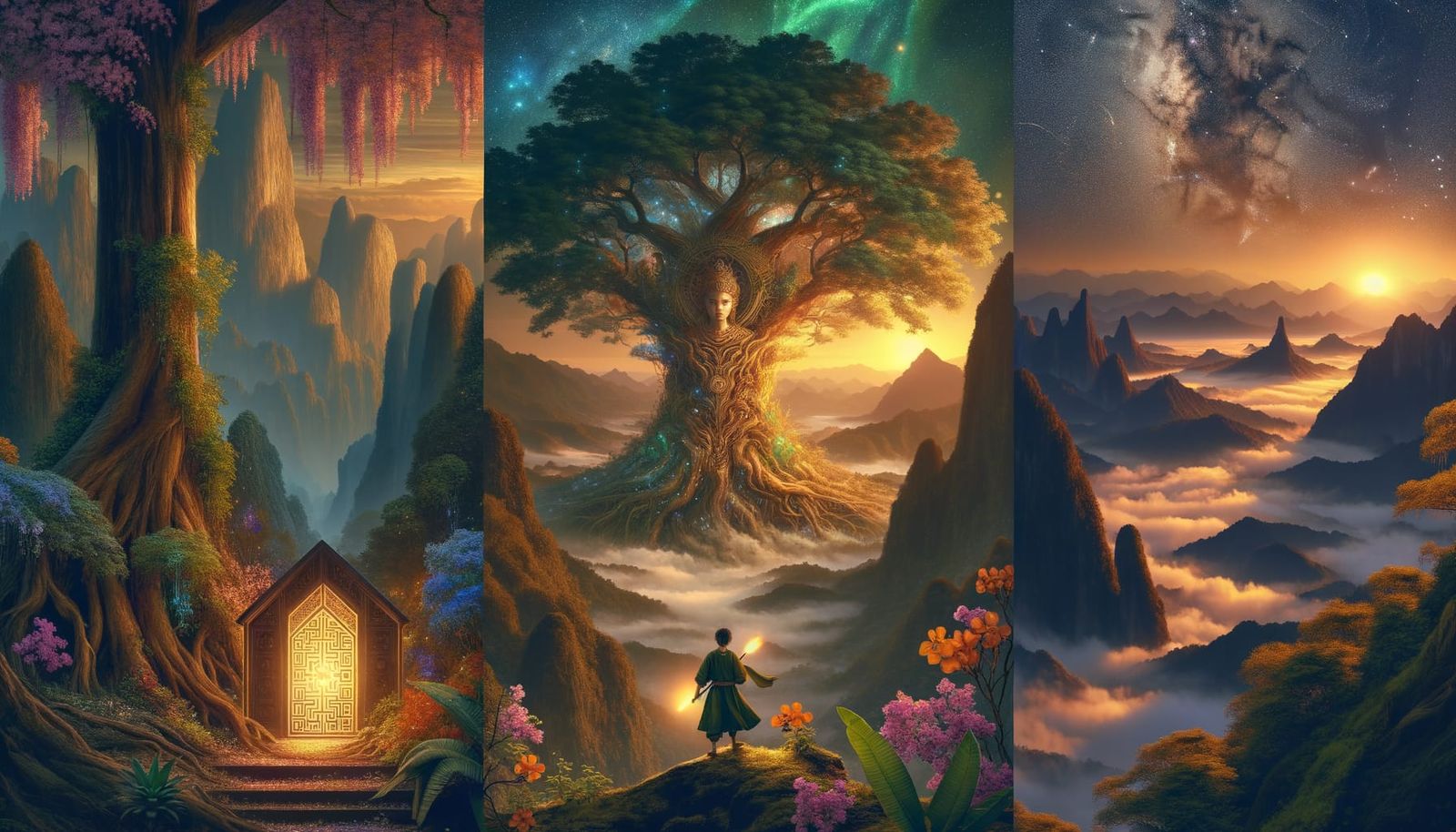 Romantic Fantasy Landscape Triptych in Golden Dawn Light