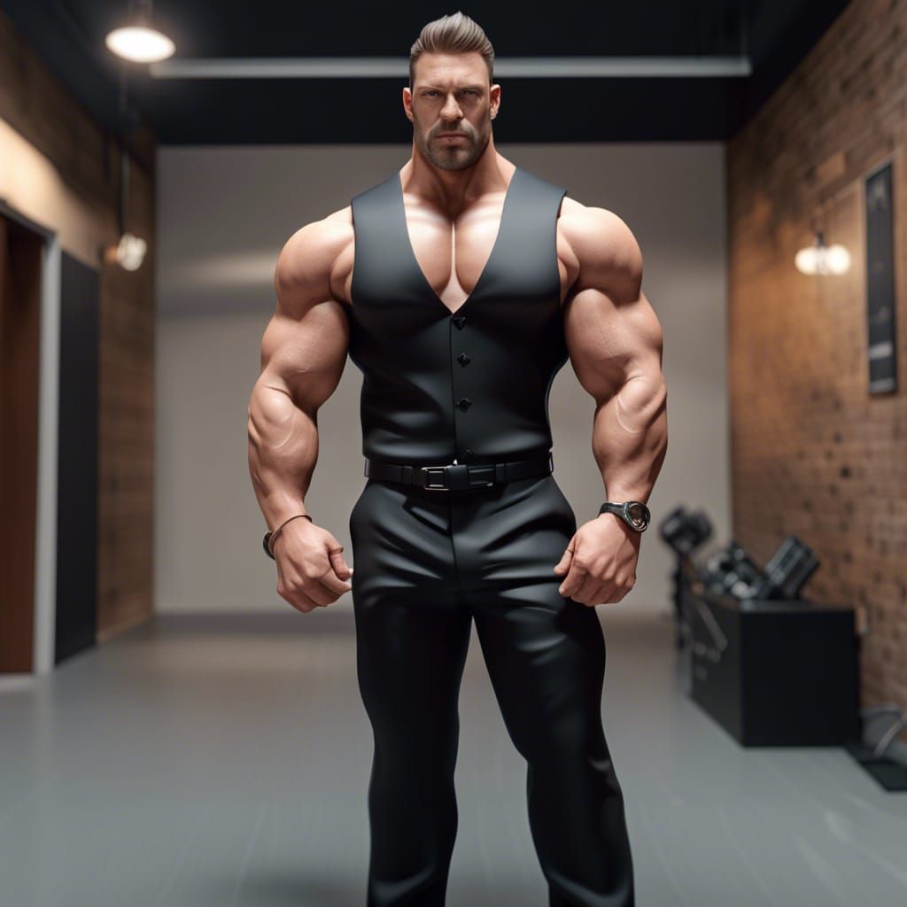 (a full body photo a very handsome very muscular beefy male gigachad with an extremely exaggerated huge muscle mass wear...
