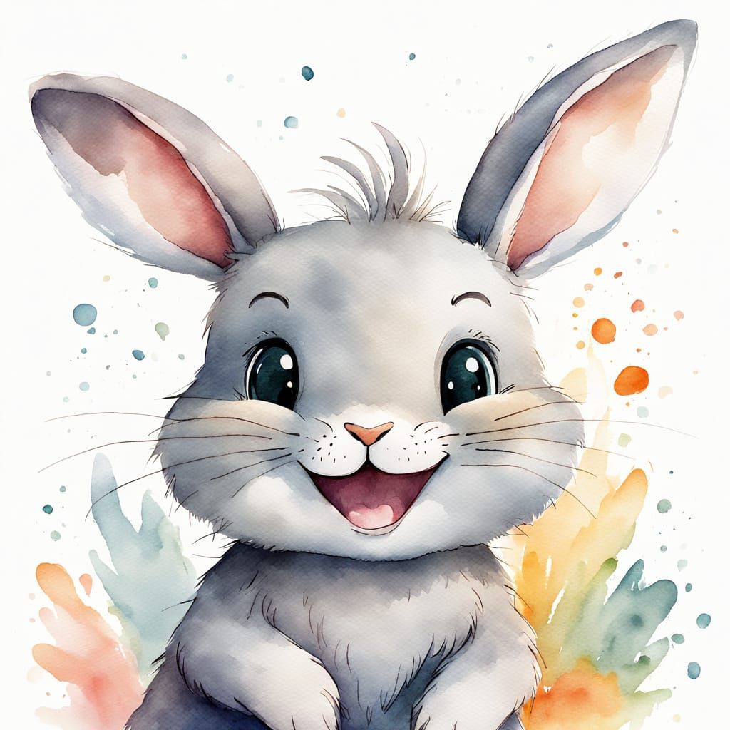 Playful Grey Bunny Laughs: Watercolor Illustration
