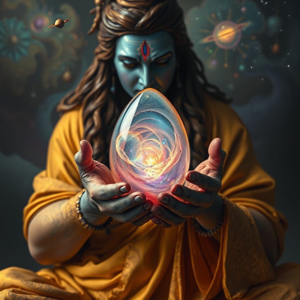 Shiva the Alchemist Cradles a Glowing, Iridescent Egg