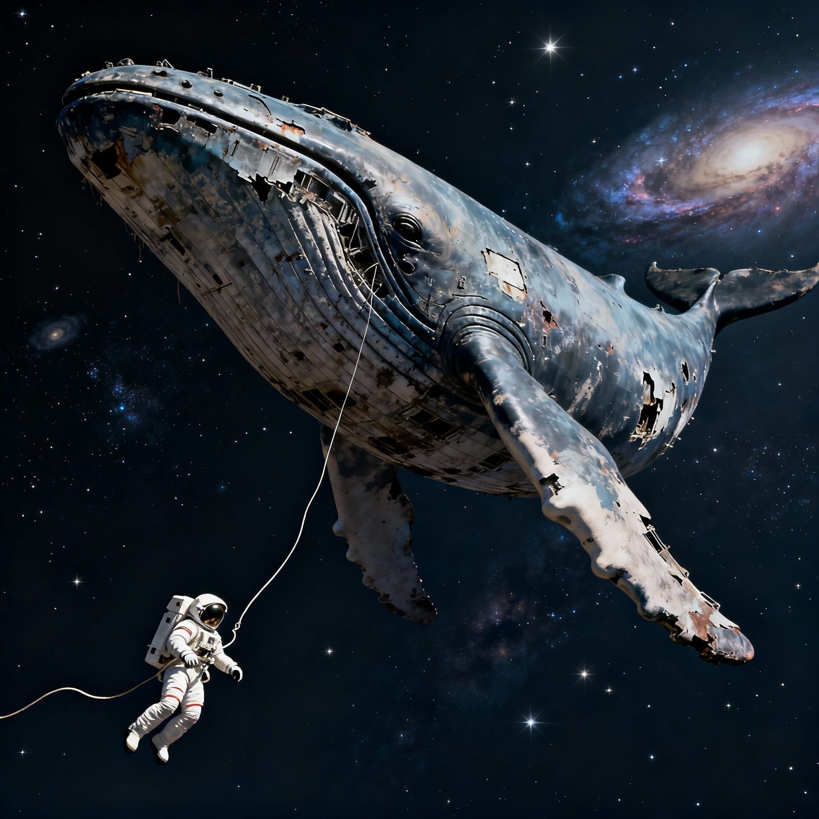 Astronaut Adrift Near Cosmic Whale Spaceship in Deep Space