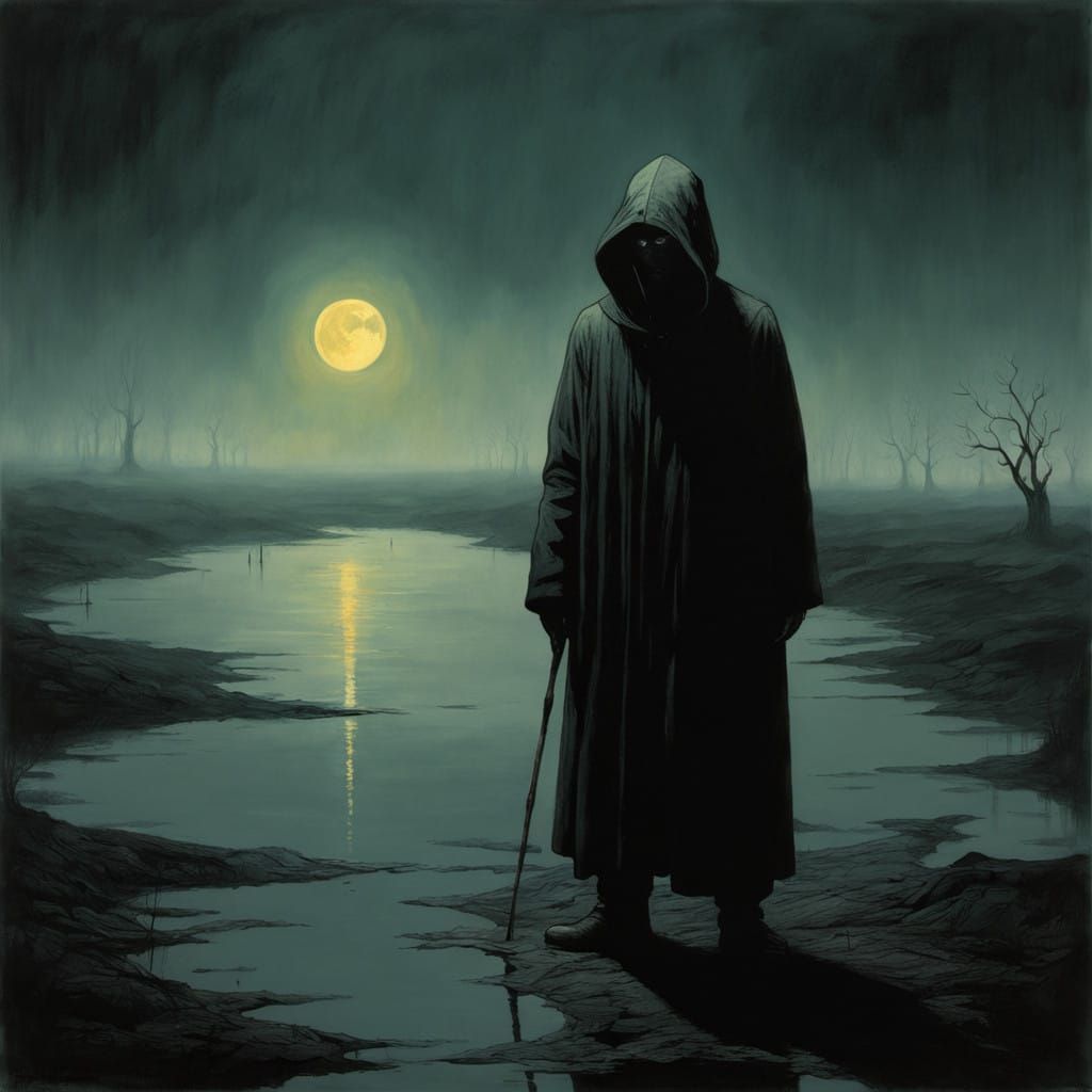 Midnight Figure in Desolate Landscape