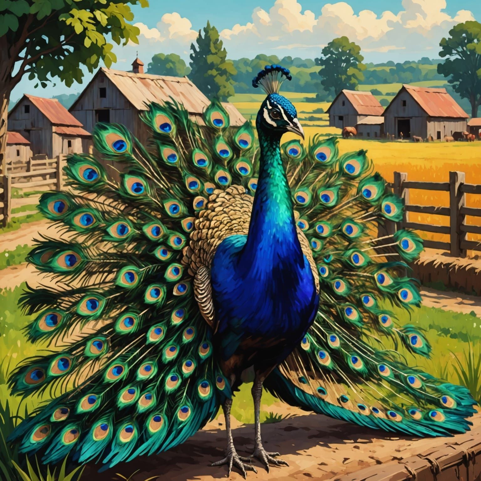 Vibrant Peacock Roams a Rustic Farm Landscape