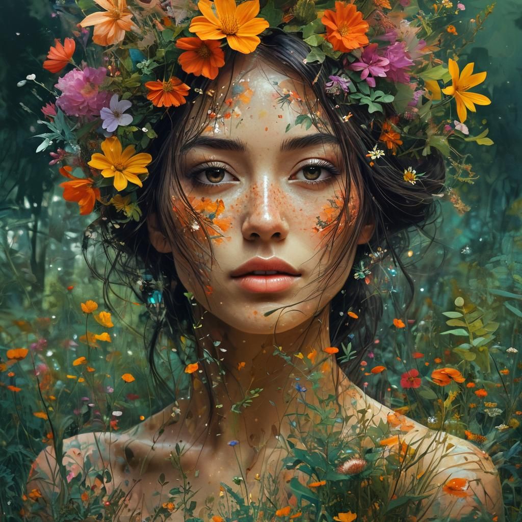 Flower Goddess Double Exposure Portrait in Watercolor Style