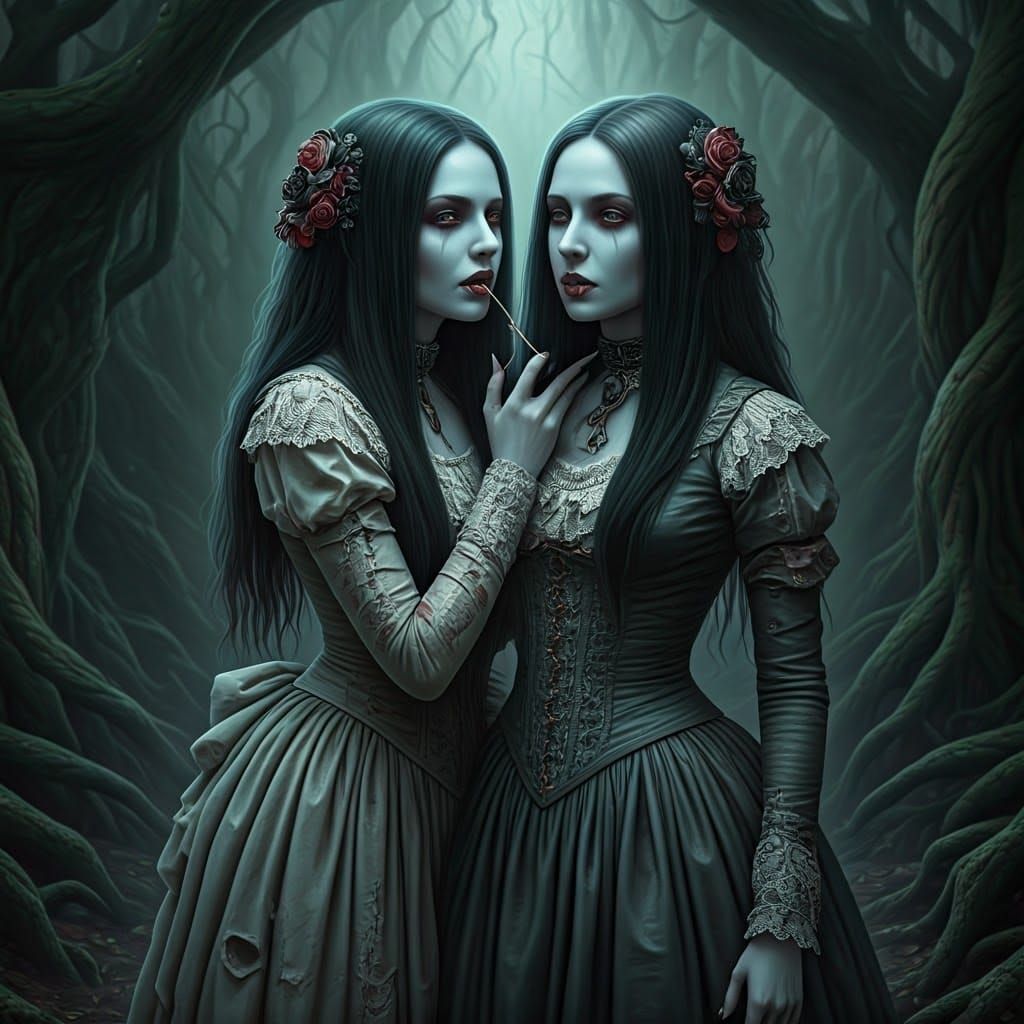 Victorian Vampire Twins in a Dark Gothic Forest