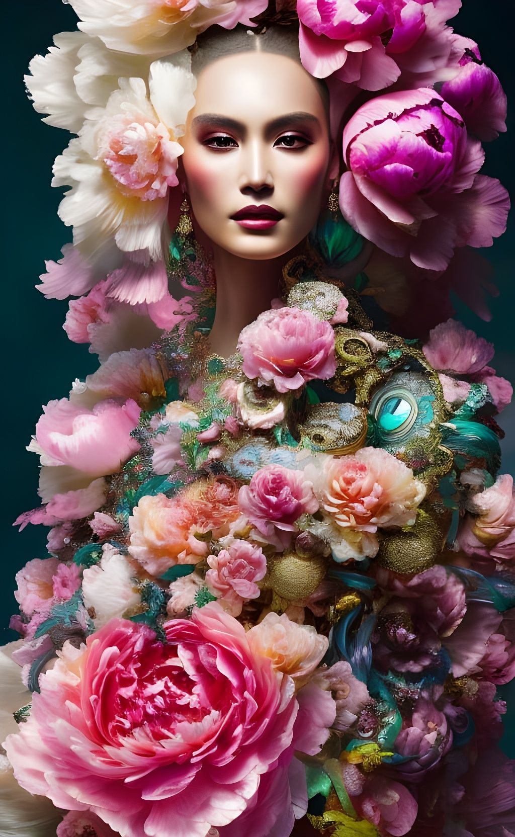 Iridescent Peony Woman Portrait in Fantasy Style