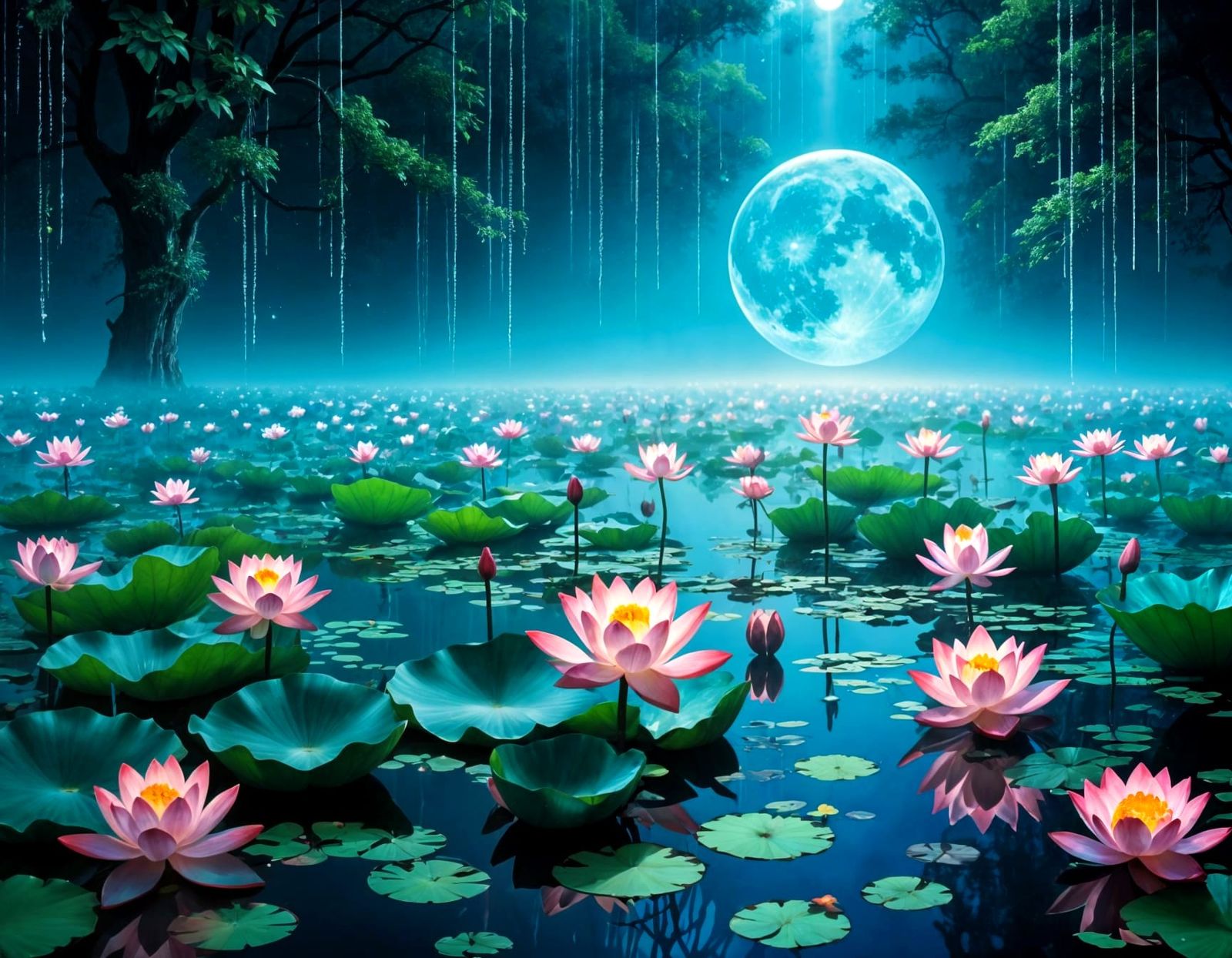 Surreal Dystopian Scene with Lotus and Moon as Impressionist...