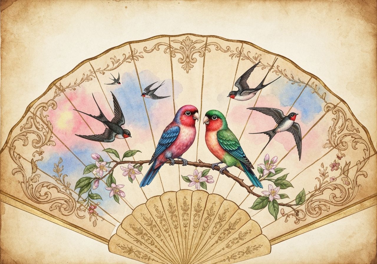 Hand-Painted Spanish Fan with Lovebirds and Blossoms