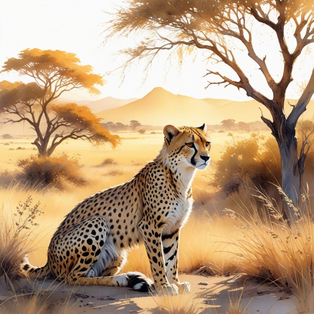 Savannah Twilight Cheetah in Watercolour Style