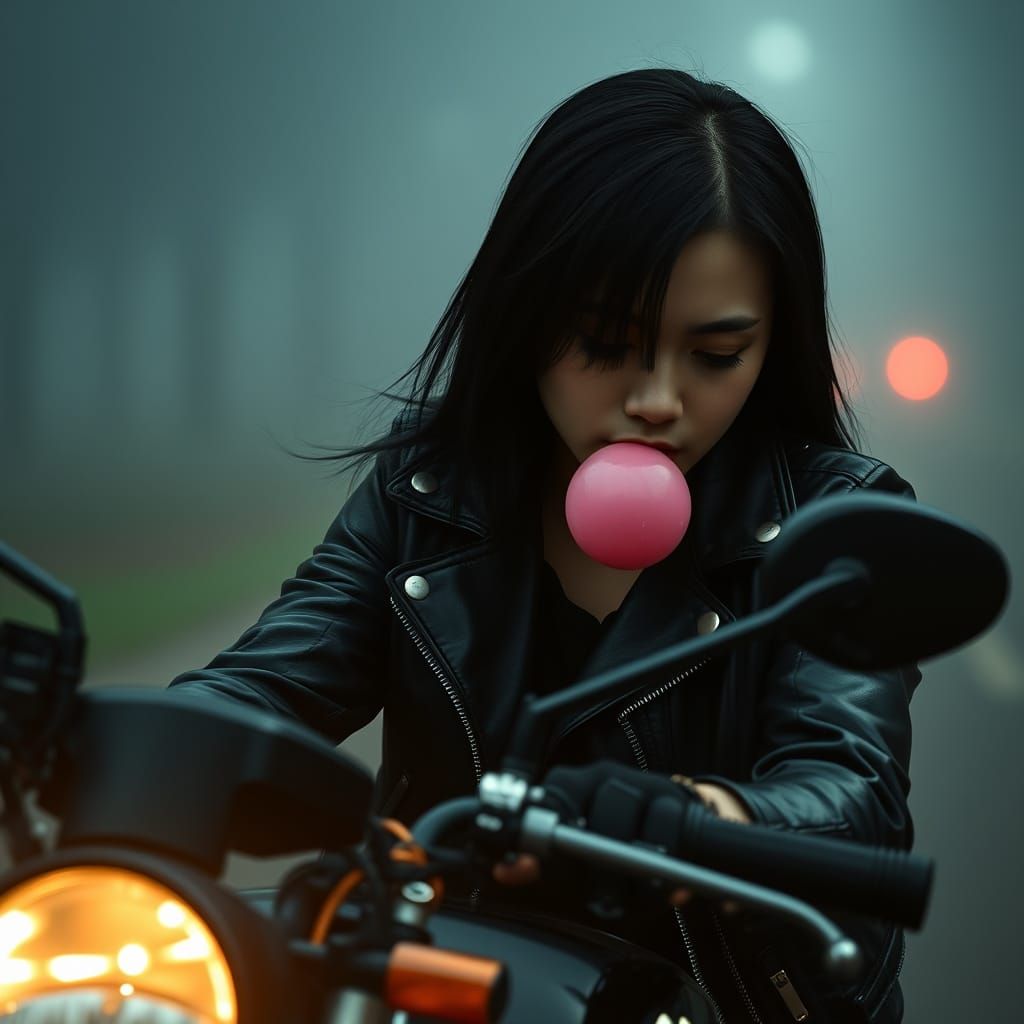 Sleek Girl Riding Motorbike on Dark Road in Hyperrealistic S...