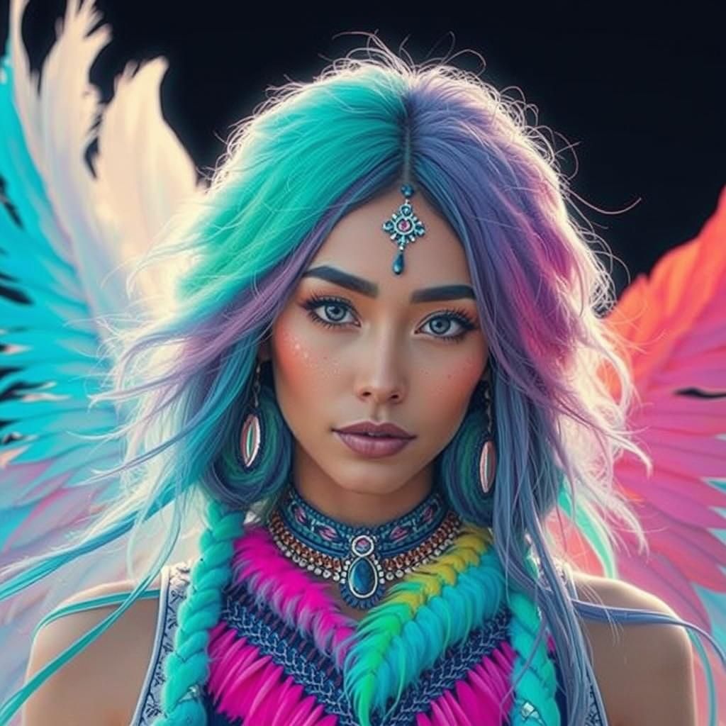 Neon Portrait of Indigenous Woman with Feathers