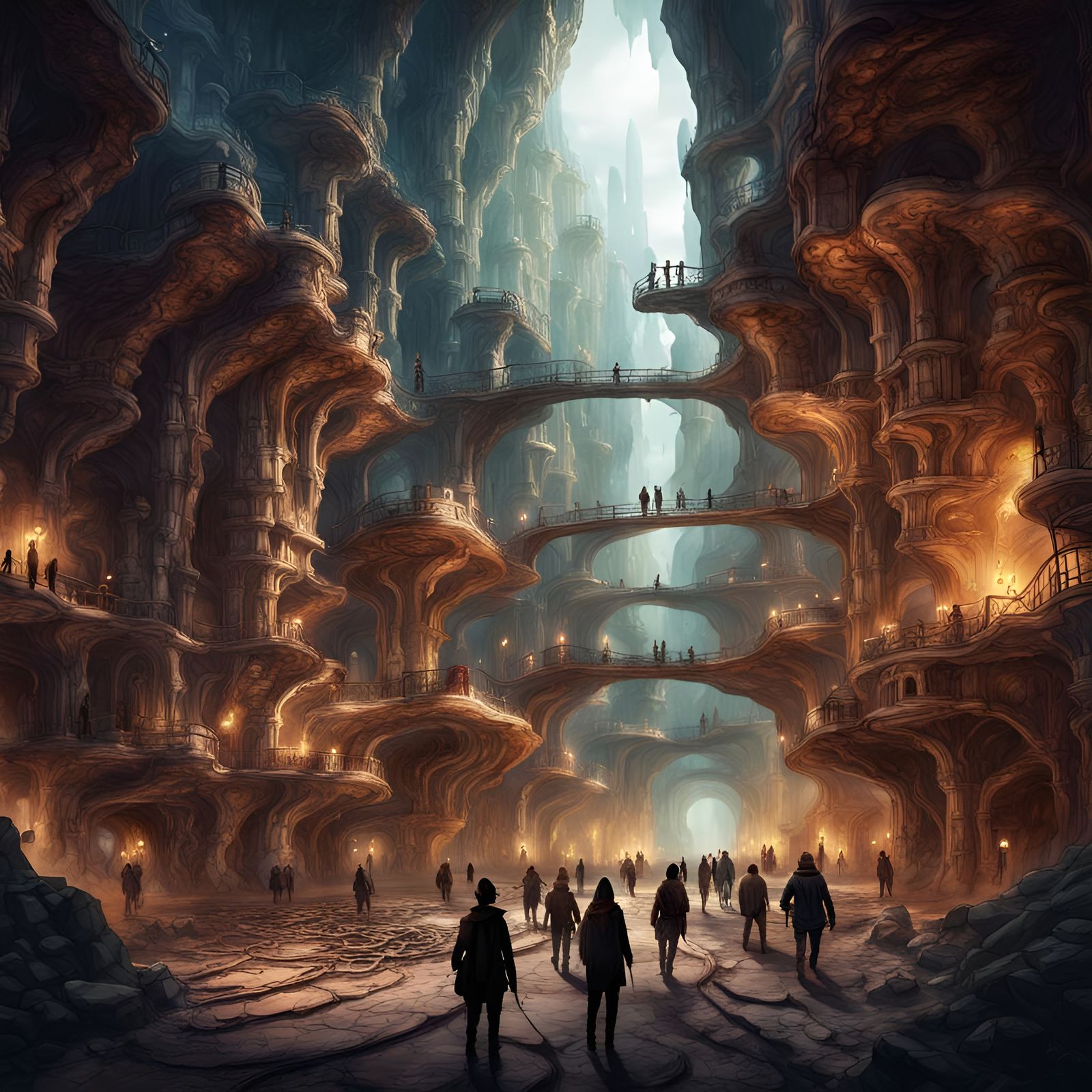 Underground City with People in Watercolor Style